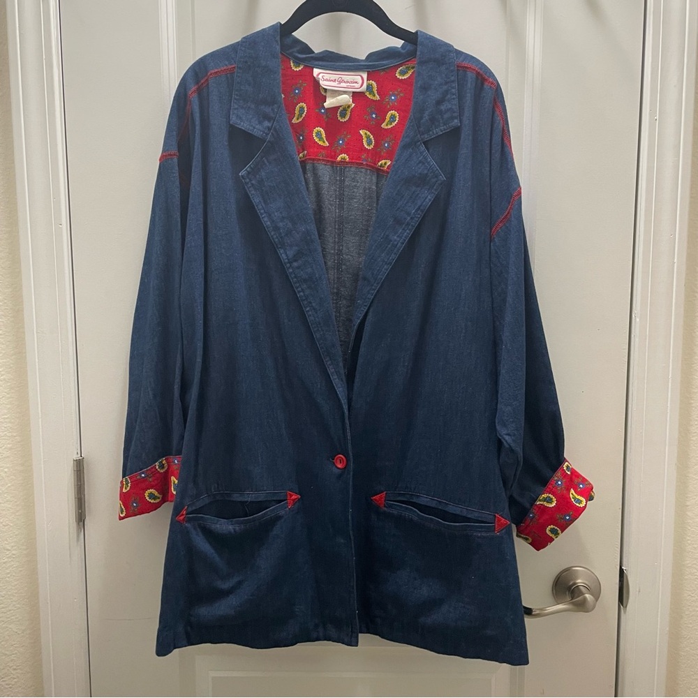 VINTAGE Saint Germain women long jacket lightweight denim with red paisley sz 1X